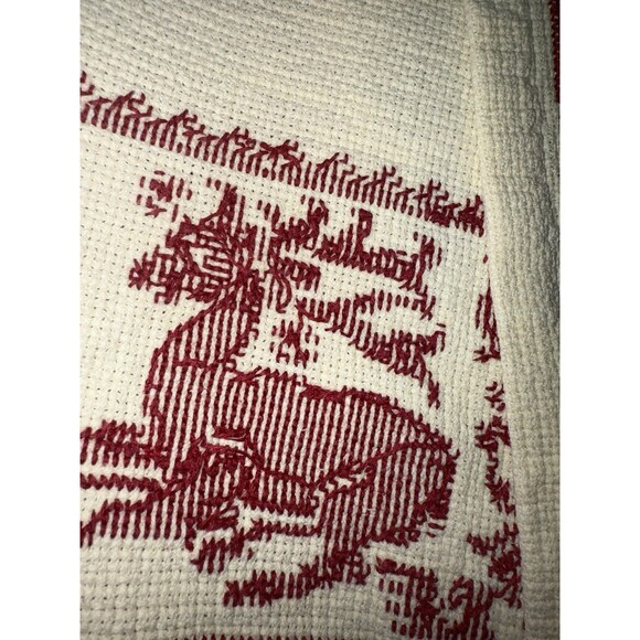 Vintage Christmas Tablecloth Nordic Red Cross Stitch 116x65” Cream Holiday Folk - Picture 9 of 16